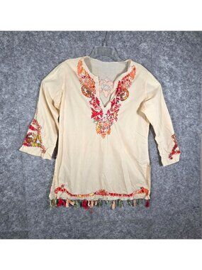 Becca By Rebecca V Women's Blouse Fringe Long Sleeve EmboardaryvCream Sz S/M